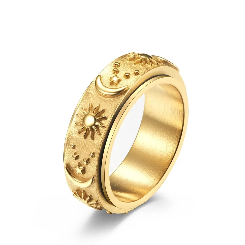 Titanium Fidget Spinner emas cincin menghilangkan stres kecemasan 8mm cincin ukiran lebar cincin bintang bulan matahari untuk pria dan wanita