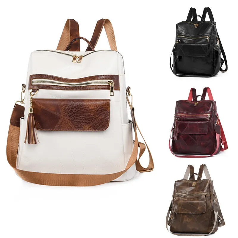 Vintage PU Leather Ladies Back Packs Large Capacity Waterproof Anti Theft Women Leather School Backpack with Wide Straps