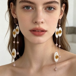 Oval Shell Rose Carved Long Tassel <b>Earrings</b> Pink <b>Crystal</b> Elegant Women Drop Ear Jewelry - Product Image 3