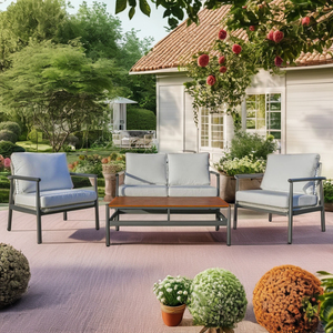 Yoho, nuevo conjunto de muebles de patio de acero, sofá de jardín moderno de 4 piezas, cuerda/asiento de mimbre/respaldo, hoteles, gimnasios, mesa de madera de plástico para exteriores - Product Image 1