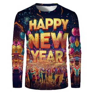 Camiseta de Manga Larga con Estampado Digital de Feliz Año Nuevo 2025, Cuello Redondo, Unisex, Talla Grande, para Fiestas - Product Image 2