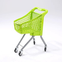 Carrito de compras de malla plástica azul lago con cuatro ruedas y estructura de acero, carrito móvil para uso en supermercados
