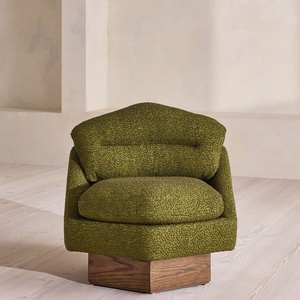 Sillón de Tela Bouclé Verde Oliva, Sillón Moderno de Mediados de Siglo con Base de Madera Maciza para Sala de Estar - Product Image 3