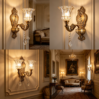 Applique Murale Vintage Européenne en Cristal, Luminaire Décoratif en Laiton Vieilli Sculpté avec Abat-jour en Verre pour Chambre, Salon, Villa