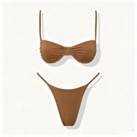 Ensemble de bikini bandeau à armatures froncé en tissu recyclé sur mesure pour femme, avec fines bretelles, coupe haute, string fini, maillot de bain deux pièces