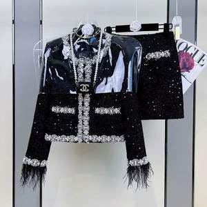 <span class=keywords><strong>Giacca</strong></span> monopetto da <span class=keywords><strong>donna</strong></span> a scacchi <span class=keywords><strong>Tweed</strong></span> a 2 pezzi con decorazione a bottoni e Set gonna corta - Product Image 3