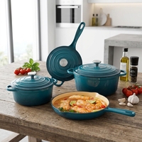Set Peralatan Masak Besi Cor Berlapis Enamel 4 Buah Set Dutch Oven dengan 3 Tutup Panci dan Wajan Tahan Lama Sehat Anti Lengket Aman untuk Oven