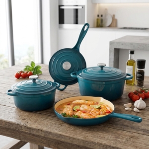 Ensemble de casseroles en fonte émaillée 4 pièces avec 3 couvercles, casseroles et poêles robustes et saines, antiadhésives, compatibles four - Product Image 2