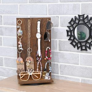 Présentoir à bijoux rotatif à 360° en <span class=keywords><strong>bois</strong></span>, support pivotant pour boucles d'oreilles avec crochets, tour d'organisation rustique pour colliers et bracelets à poser sur table - Product Image 1