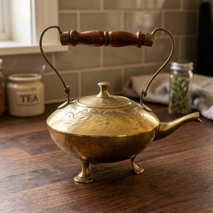 Vintage Brass Tea Pot With Wooden Handle And Engraved Floral Design Water Pots & <b>Kettles</b> - Product Image 3