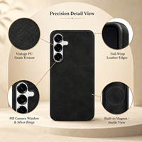 Coque en PU grainé rétro vintage pour la série Galaxy S25 avec chargement magnétique sans fil – En stock dès aujourd'hui