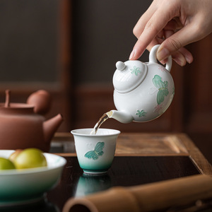Guanlan Pear-shaped Ceramic Teapot Mint Green Butterfly Flower Design Kung Fu <b>Tea</b> <b>Set</b> Single Teapot - Product Image 1