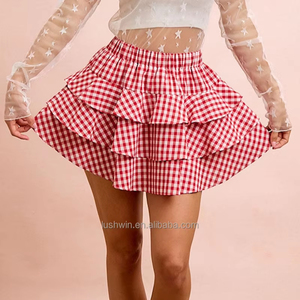 Minifalda a cuadros <span class=keywords><strong>roja</strong></span> y <span class=keywords><strong>blanca</strong></span> <span class=keywords><strong>con</strong></span> volantes y capas para mujer, talla grande, cintura alta, informal, para verano - Product Image 1