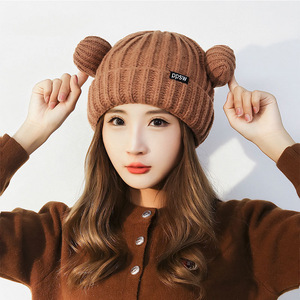 Japanese Style Knitted Beanie With Bear Ears Coffee Color Warm Windproof For Women Autumn Winter Hat - Product Image 1
