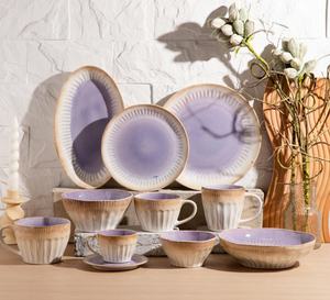 Vintage Purple Beige Gradient Fluted Ceramic Dinner Set, Rustic Stoneware Tableware for Modern Kitchen/Cafe/Restaurant/Home/Gift - Product Image 1