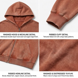 Nouveau style – Sweat à capuche vintage délavé à l'acide, entièrement zippé, haute qualité, 100 % coton épais, coupe ample, streetwear, épaules tombantes - Product Image 2