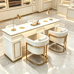 Ensemble de table à ongles avec plateau en marbre, double poste de manucure avec éclairage LED, poste de travail moderne pour salon de beauté avec chaises à ongles assorties - Product Image 4