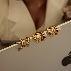 18K Gold Plated High Polished <strong>Ear</strong> Cuff with Twins <strong>Shell</strong> Pearl Fashion <strong>Drop</strong> Earrings - Product Image 4