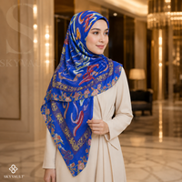 Hijab Modal Warna Biru Royal dengan Motif Bunga Abstrak Berwarna-warni untuk Wanita Muslim, Cocok untuk Sehari-hari, Liburan, dan Semua Musim