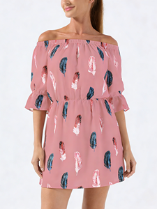 Vestido de Verano Casual para Mujer, con Hombros Descubiertos, Estampado de Plumas, Largo hasta la Rodilla, Manga con Vuelo, Cintura Elástica Natural, para la Playa o Uso Diario - Product Image 6