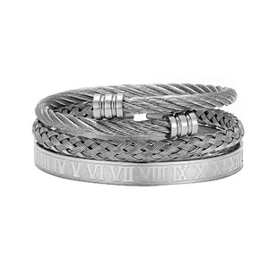 Men's Stainless Steel <b>Adjustable</b> Cuff <b>Bracelet</b> With Twisted Cable Design Roman Numeral Bangle Fashionable Rings 3pcs Jewelry Set - Product Image 6