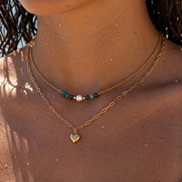 Colliers pour femmes CLIORO en acier inoxydable, style bohème plage, double couche, avec pierre naturelle verte, perles et chaîne trombone, pendentif cœur