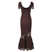 Robe midi sirène en maille à col rond et manches courtes, ajustée, avec empiècements en dentelle, pour femme, collection été