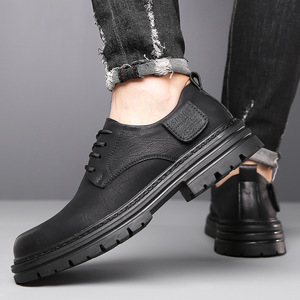 Bottes Martin pour hommes, bout rond, dessus en cuir, semelle extérieure en caoutchouc antidérapante, chaussures de travail décontractées à lacets pour l'automne - Product Image 3