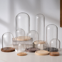 Cloche en verre transparent décorative avec base en bois noir, vitrine pour fleurs préservées, décoration de table, cloche en verre