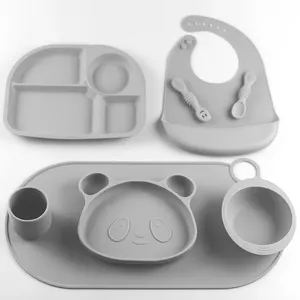 Cấp thực phẩm Silicone thời trang bé chập chững biết đi trẻ em ăn tấm Set Silicone BIB tấm bát thìa bé ăn thiết lập