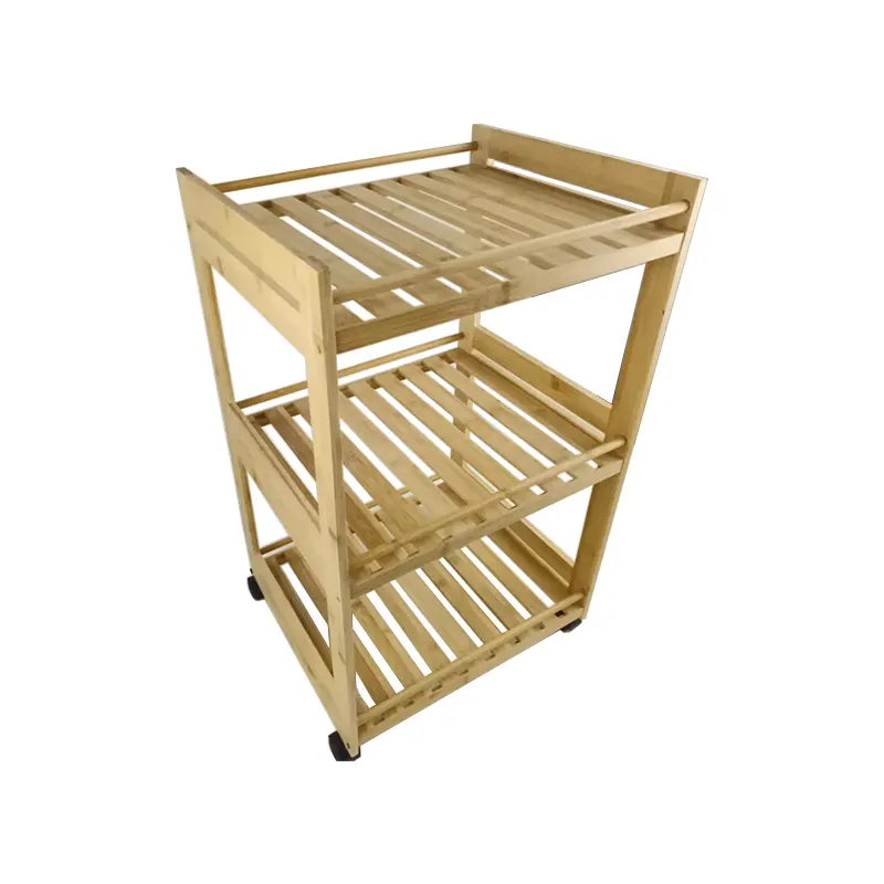 3 Tiers Kitchen Bathroom Portable Bamboo Serving Trolley Rolling Utility Cart Organizer with Wheels,Bamboo Shelf Storage Rack