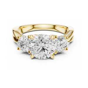 Anillo de compromiso de tres piedras con corte redondo, oro amarillo, diseño de vid retorcida, anillo de diamantes, promesa de pasado, presente y futuro, elegante para novias - Product Image 1