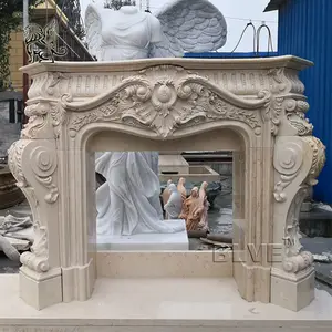 BLVE Customized Villa Home Decorative Hand Carved Large Indoor Beige Natural Stone Mental Marble Fireplace