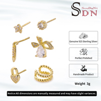 6-teiliges 925 Sterling Silber Zirkon Ohrringe Set 14K Vergoldet Trendige Schleife Herz Blume Ohrstecker Damen Mädchen Mehrschichtiger Ohrschmuck