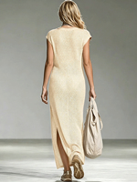 Robe longue maxi en maille tricotée sans manches à col en V pour femme, ajourée sur les côtés, idéale comme cache-maillot de bain ou tenue de vacances