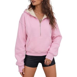 Sudadera con capucha personalizada para mujer, de forro polar, con media cremallera, manga larga, bolsillos canguro, estilo crop top, para uso casual - Product Image 1
