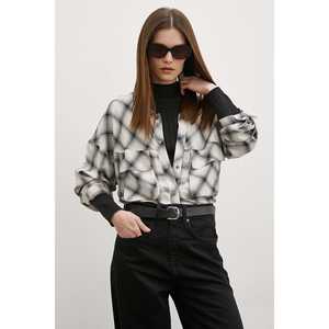 Chemise à carreaux pour femme en popeline crème, boutonnée, asymétrique, pour tous les jours - Product Image 6