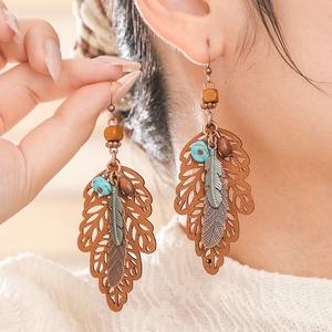 Vintage Boho Ethnic <b>Earrings</b> Set Copper Alloy Turquoise Drop Dangle Women's Party Jewelry Geometric Tassel Feather Flower Design - Product Image 3