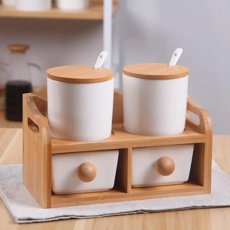 Home goods white ceramic canister containers / tea coffee sugar canister set with wood lid