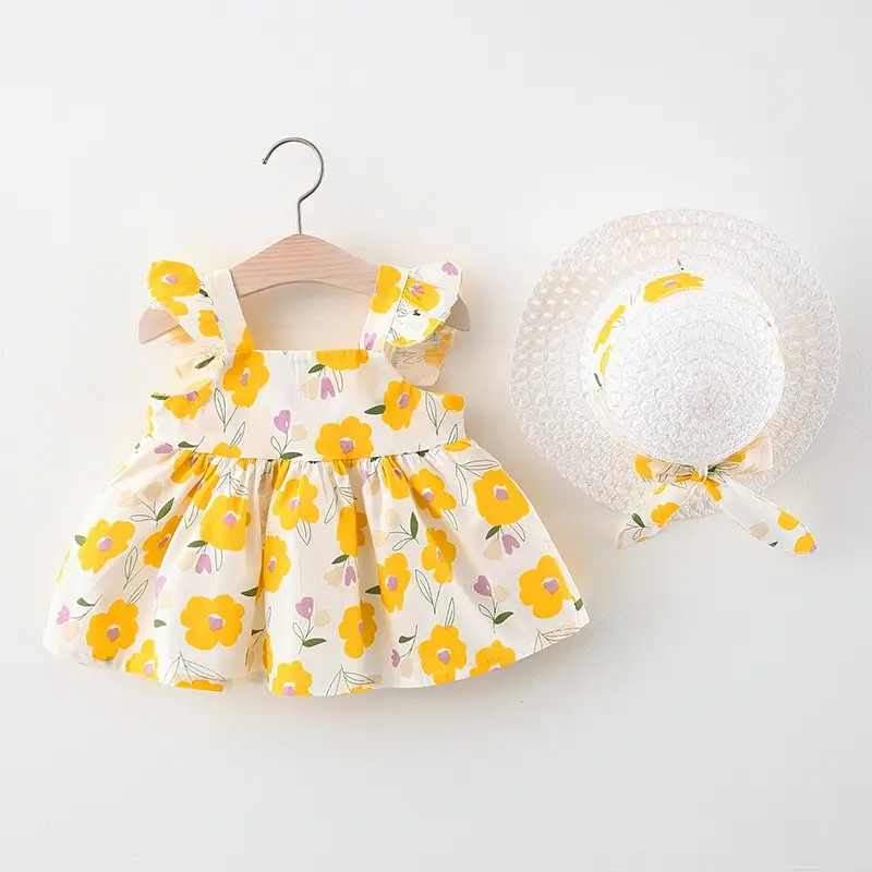 2pcs Baby Girls Clothes Princess Dress +hat Set Outfit Toddler Kids Newborn Sleeveless Summer Dress Print for 1-3 Years Flower