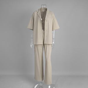 100% 면 투피스 여름옷 맞춤 로고 오버사이즈 반팔 셔츠와 와이드 레그 팬츠 코디 세트 여성용 - Product Image 2