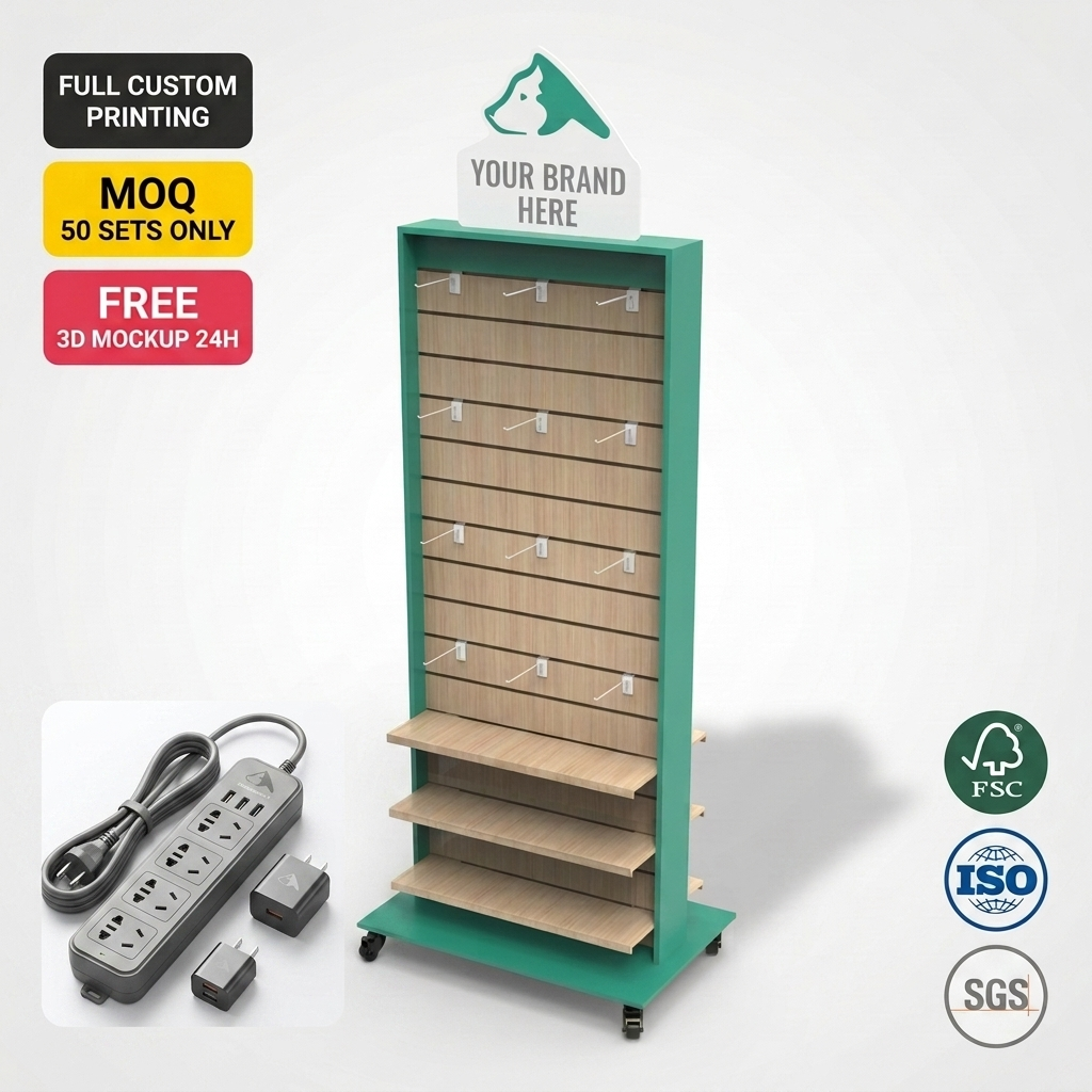Custom Wooden Power Strip Display Stand Floor Standing 3C Accessories Retail Display Rack With Hooks Shelves Custom Logo OEM ODM — view 1