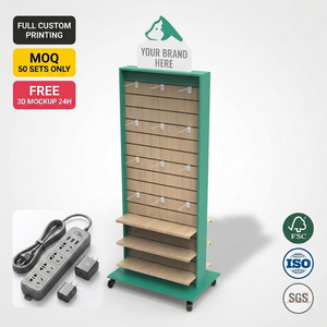 Support d'affichage personnalisé en bois pour multiprises, présentoir de sol pour <span class=keywords><strong>accessoires</strong></span> 3C, étagère de vente au détail avec crochets, logo personnalisé OEM ODM - Product Image 1