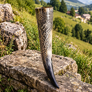 Tasse à boire médiévale en forme de corne avec emblème métallique décoratif, style fantaisie, vaisselle originale pour la décoration intérieure et les cadeaux - Product Image 1