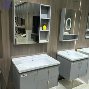 Meuble de salle de bain gris avec miroir intelligent, lavabo blanc, armoire murale - Product Image 1