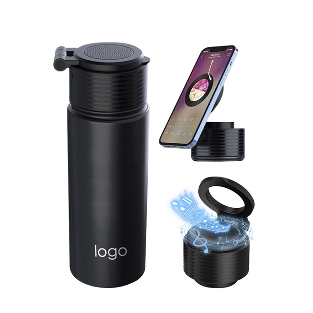 Bluetooth Audio Water Bottle Built-in Wireless Speaker Magnetic Phone Mount Double Wall Stainless Steel Modern 12-24 Hours