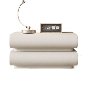 Mesita de Noche Minimalista Italiana con Dos Cajones, Cuero Crema, Madera Sólida, Almacenamiento Único, Mueble de Dormitorio - Product Image 2