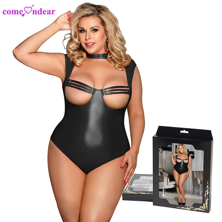 Atacado New Design Frontless Sutiã Sexy Fat Mulheres Plus Size One Piece Set Lingerie de Couro Bodysuit