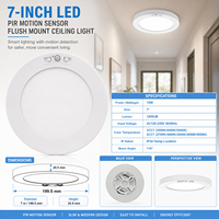 Plafonnier LED 7 pouces avec détecteur de mouvement PIR, 12W, 1200LM, 5CCT réglable, montage encastré pour couloir, escalier, entrée