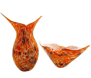 Uzun dekoratif cam vazo renkli konfeti el üflemeli Murano stil sanat cam